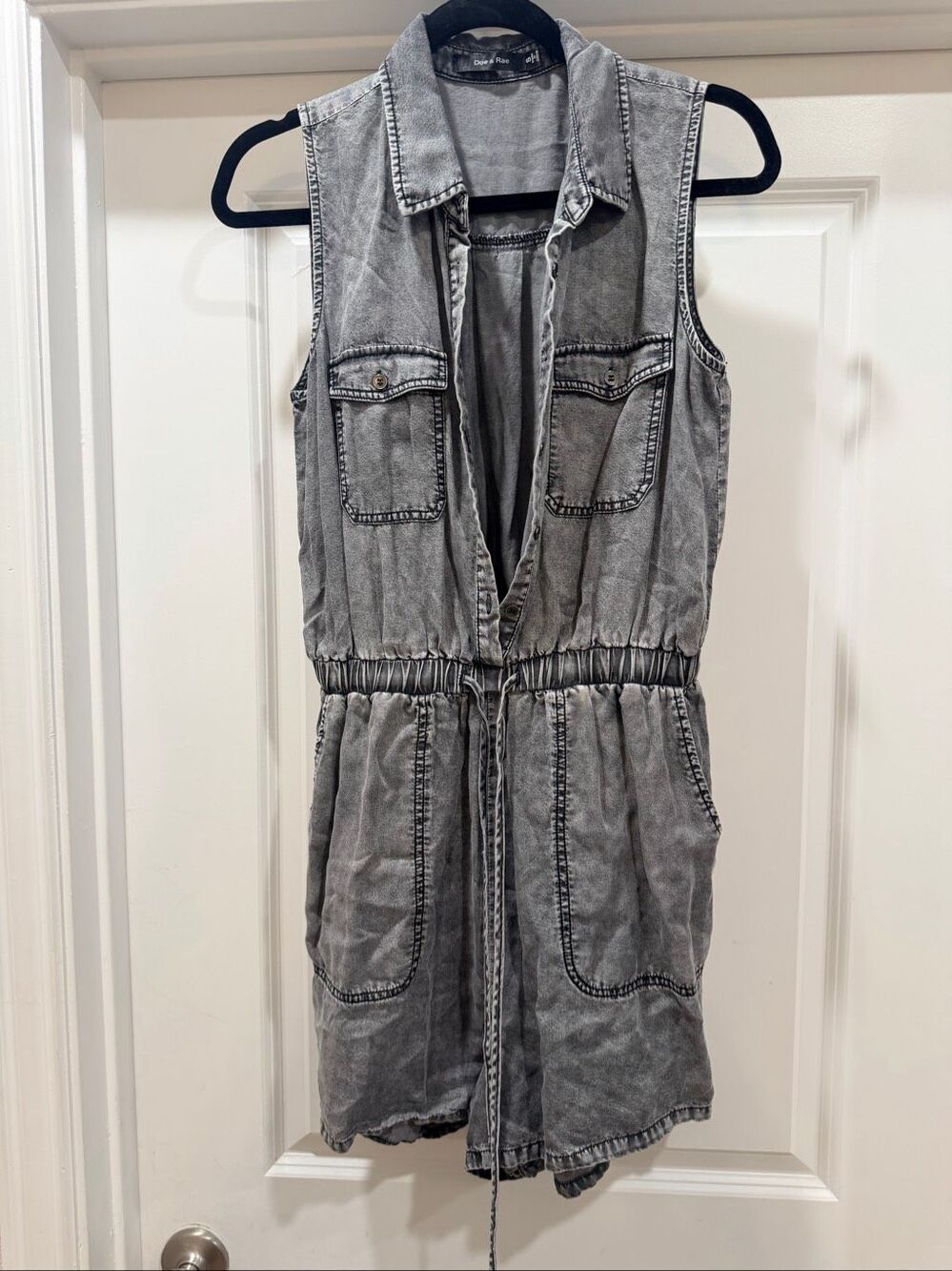 Doe & Rae Gray Acid Wash Denim Utility Romper Shorts Pockets Small Small S